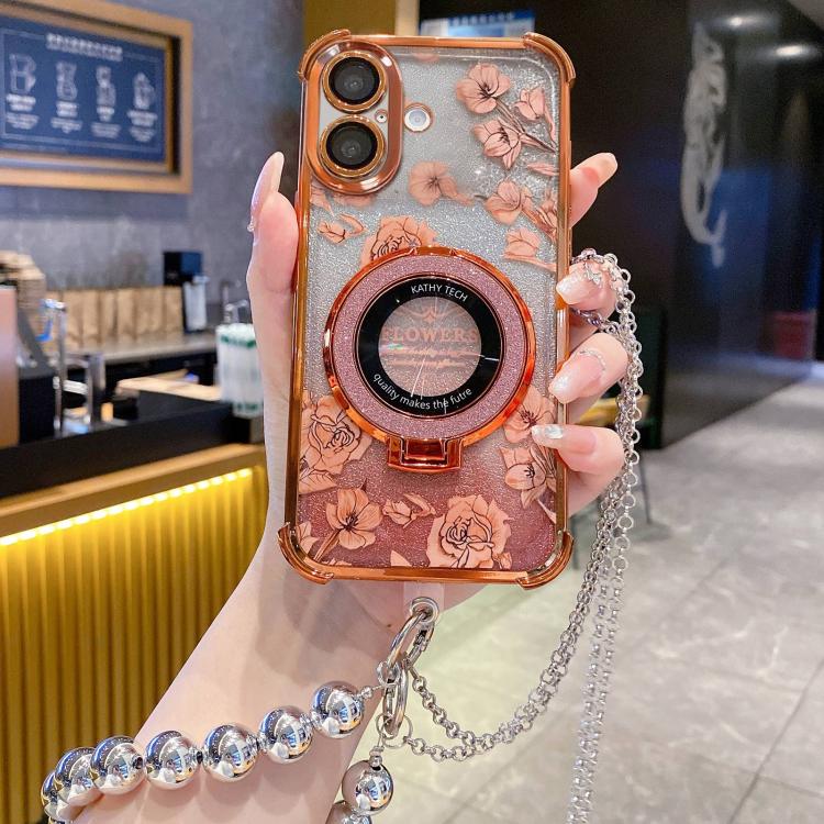 For iPhone 17 Gradient Glitter Flowers Electroplated Phone Case with Beaded Strap and Long Chain(Orange)