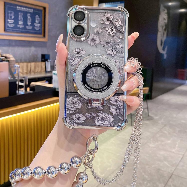 For iPhone 17 Gradient Glitter Flowers Electroplated Phone Case with Beaded Strap and Long Chain(Silver)