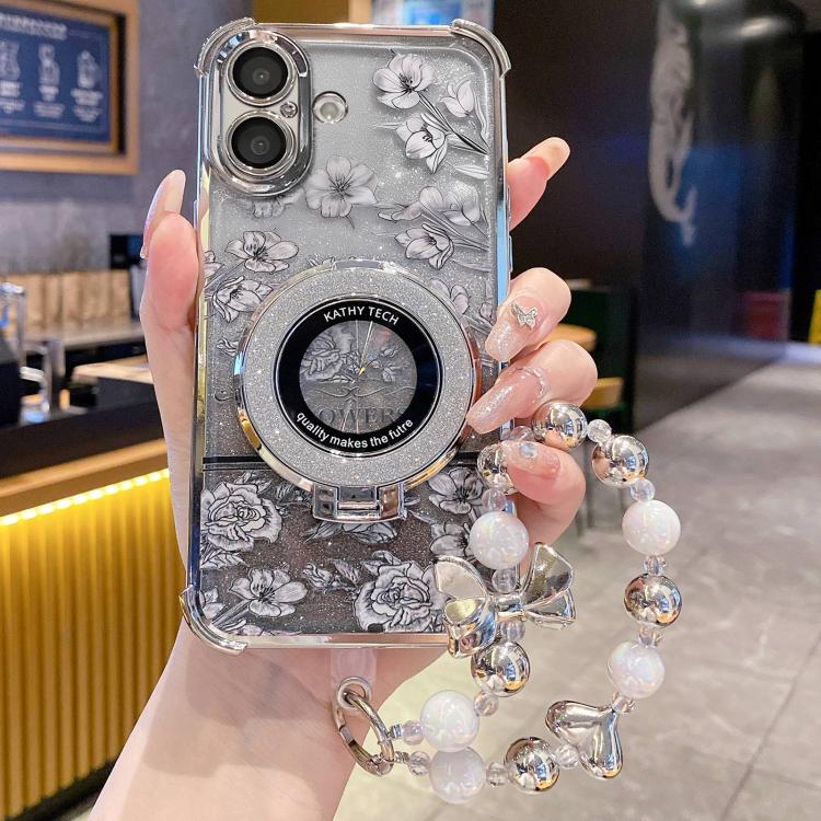 For iPhone 17 Gradient Glitter Flowers Electroplated Phone Case with Wrist Strap(Silver)