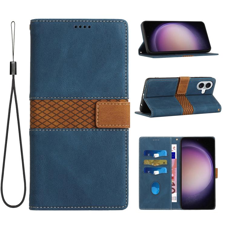 For iPhone 17 Grid Stitching Leather Phone Case with Lanyard(Blue)