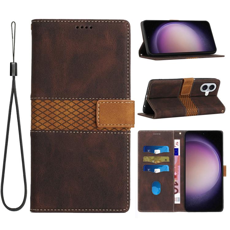 For iPhone 17 Grid Stitching Leather Phone Case with Lanyard(Brown)