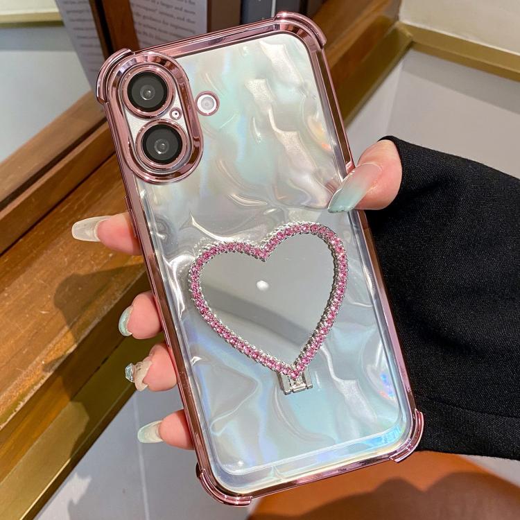 For iPhone 17 Heart-shaped Mirror Electroplated TPU + Acrylic Phone Case with Holder(Pink)