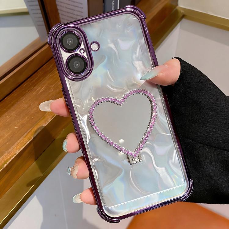 For iPhone 17 Heart-shaped Mirror Electroplated TPU + Acrylic Phone Case with Holder(Purple)