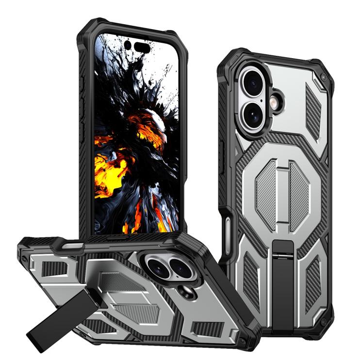For iPhone 17 Hidden Metal Holder Magnetic Shockproof Phone Case(Grey)