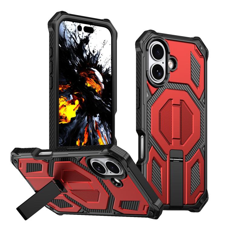 For iPhone 17 Hidden Metal Holder Magnetic Shockproof Phone Case(Red)