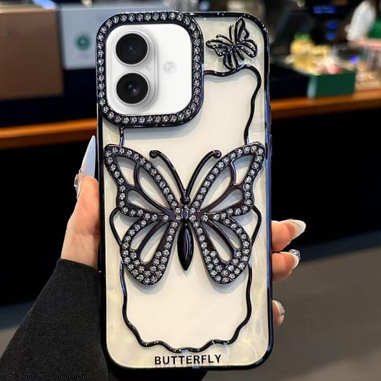 For iPhone 17 Hollow Butterfly Electroplating TPU Phone Case(Black)