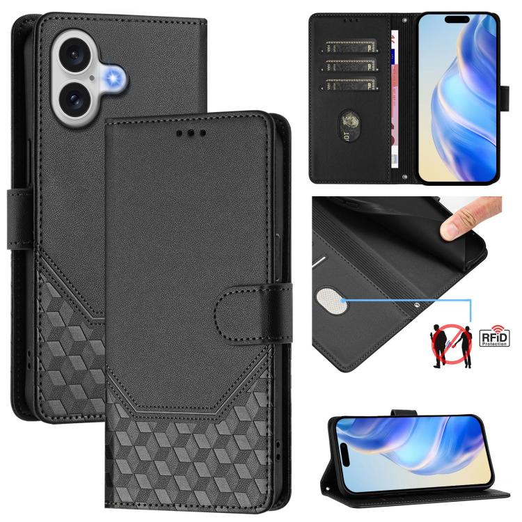 For iPhone 17 Honeycomb Embossing RFID Leather Phone Case(Black)