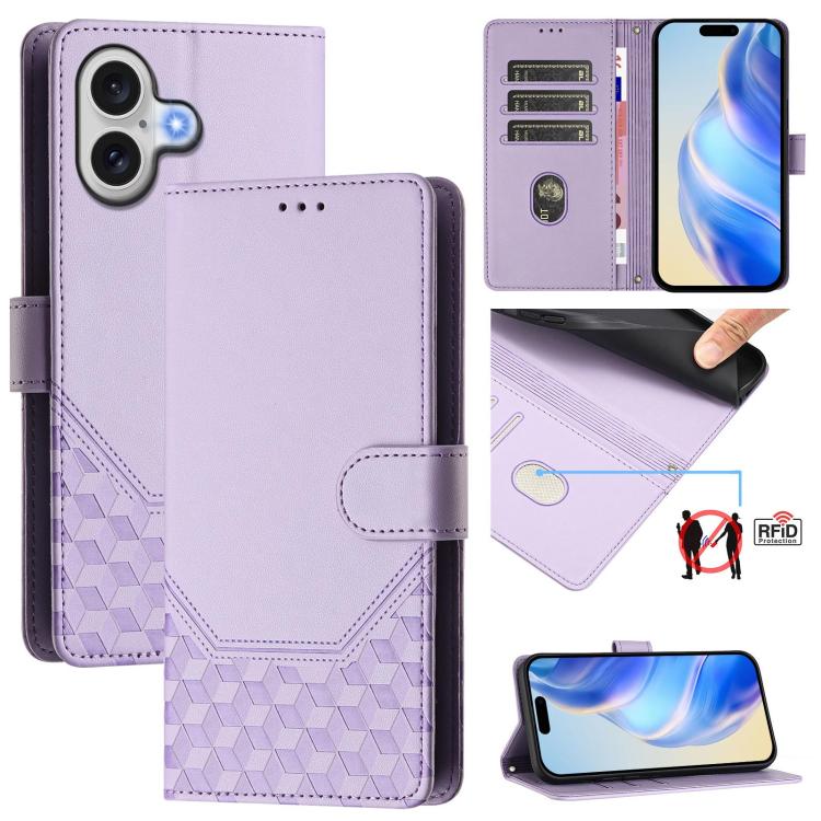 For iPhone 17 Honeycomb Embossing RFID Leather Phone Case(Light Purple)