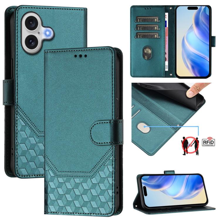For iPhone 17 Honeycomb Embossing RFID Leather Phone Case(Peacock Green)