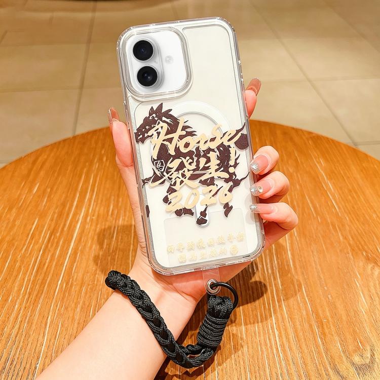 For iPhone 17 Horse Year Acrylic Magnetic Full Coverage Phone Case with Lanyard(Black Good Things Happened)