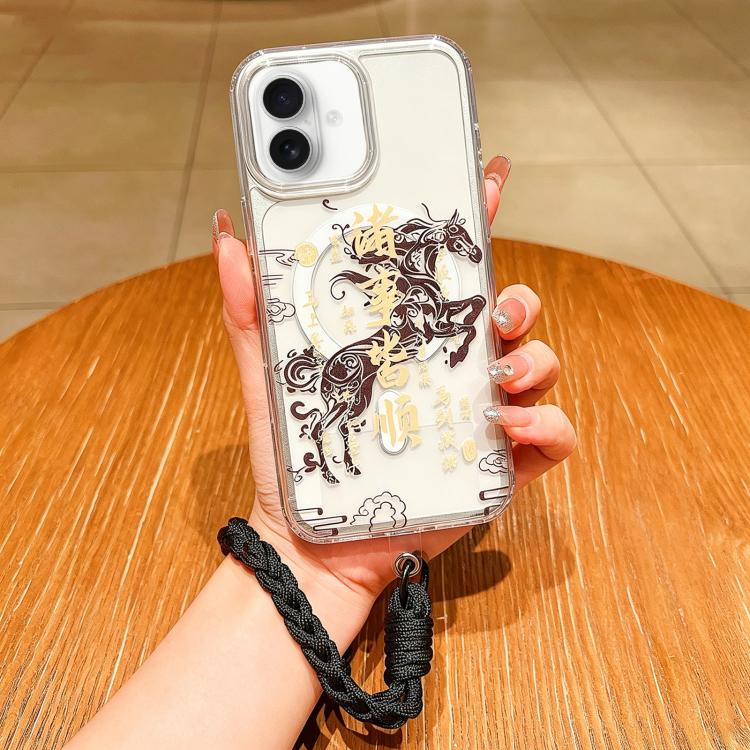 For iPhone 17 Horse Year Acrylic Magnetic Full Coverage Phone Case with Lanyard(Everything Goes Smoothly)