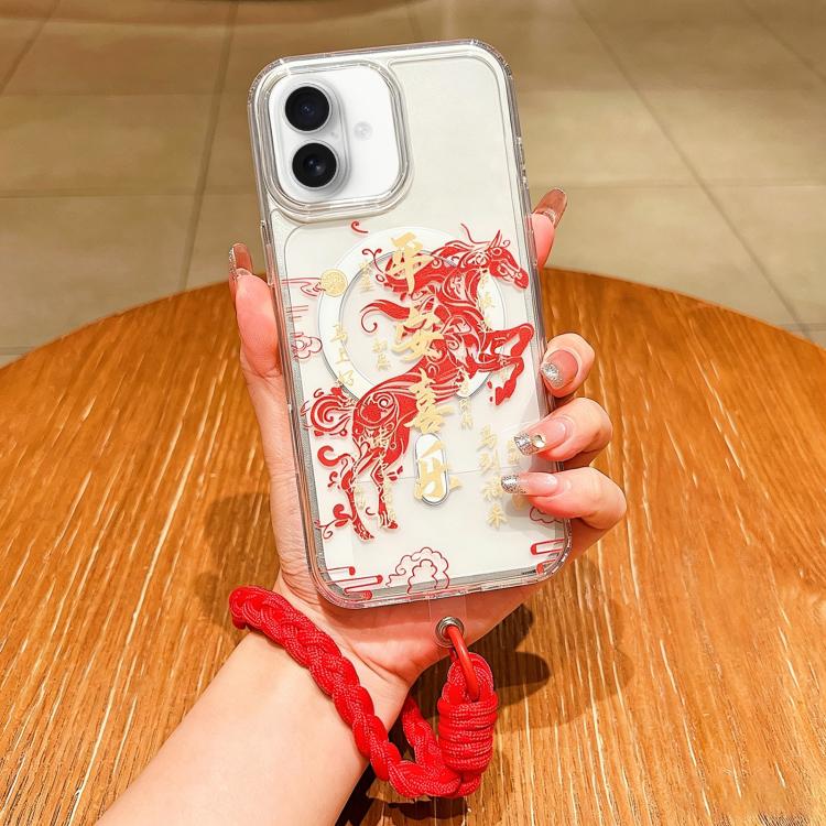 For iPhone 17 Horse Year Acrylic Magnetic Full Coverage Phone Case with Lanyard(Peace and Joy)