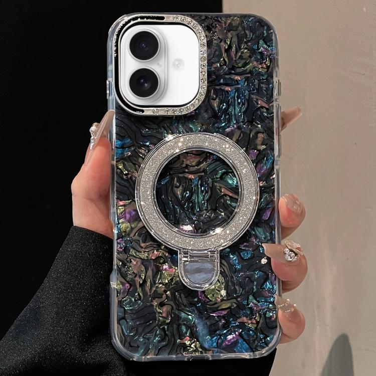 For iPhone 17 Ink Rhythm Colorful Shell Pattern TPU Hybrid IMD Phone Case with Glitter Holder(Black)