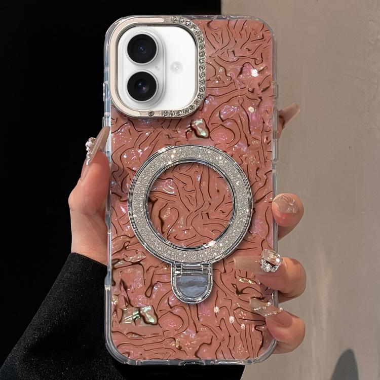 For iPhone 17 Ink Rhythm Colorful Shell Pattern TPU Hybrid IMD Phone Case with Glitter Holder(Brown)