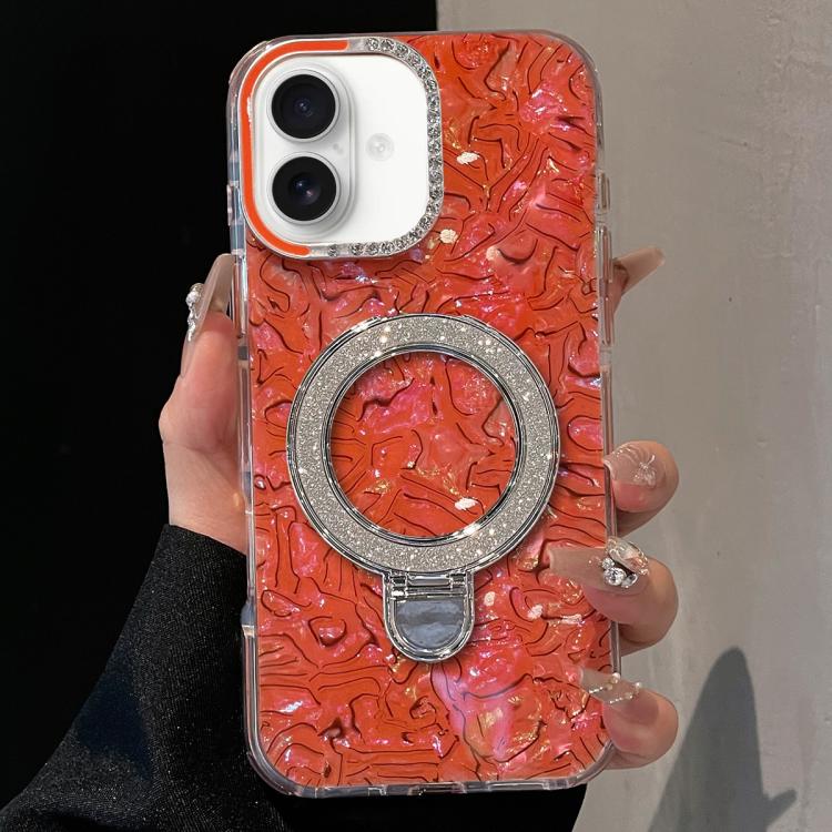 For iPhone 17 Ink Rhythm Colorful Shell Pattern TPU Hybrid IMD Phone Case with Glitter Holder(Orange)