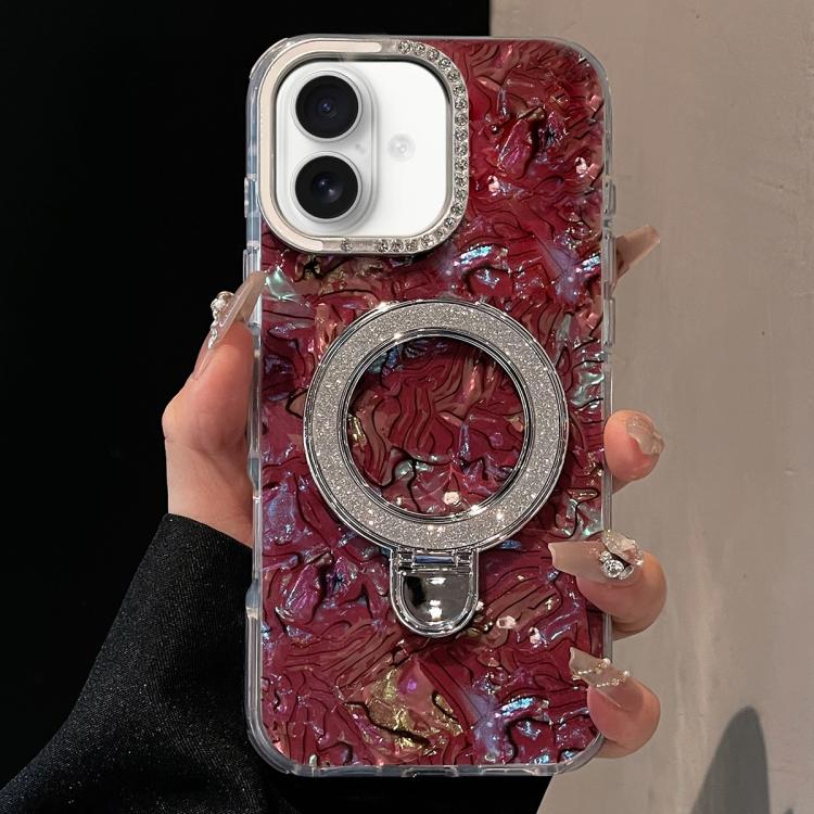 For iPhone 17 Ink Rhythm Colorful Shell Pattern TPU Hybrid IMD Phone Case with Glitter Holder(Wine Red)