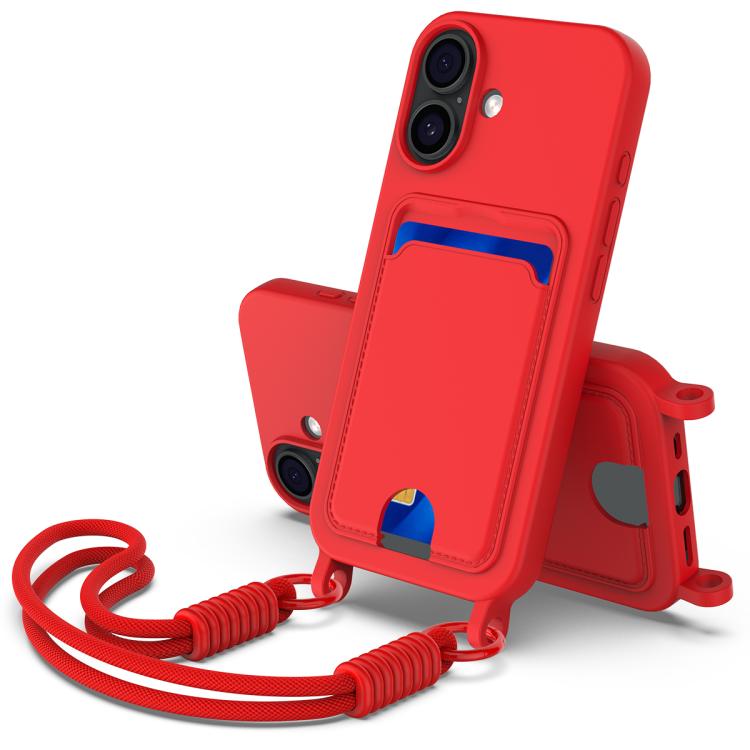 For iPhone 17 Integrated Card Bag Solid Color Liquid Silicone Phone Case Gen2 with Short Lanyard(Red)