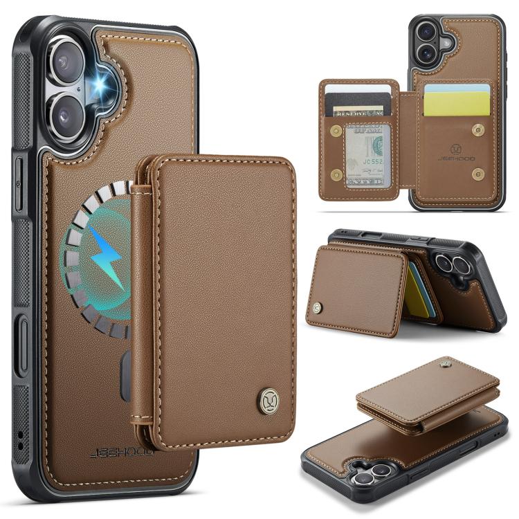 For iPhone 17 JEEHOOD J05 Business Magnetic Style RFID Leather Phone Case(Brown)