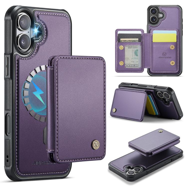 For iPhone 17 JEEHOOD J05 Business Magnetic Style RFID Leather Phone Case(Purple)