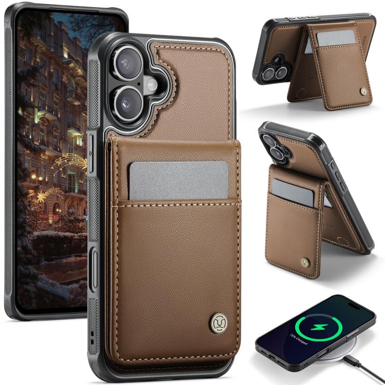 For iPhone 17 JEEHOOD J06 British Style RFID MagSafe Card Bag PU Phone Case(Brown)