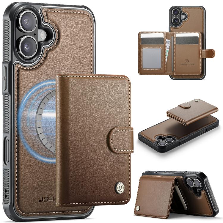 For iPhone 17 JEEHOOD J09 Buckle Card Bag MagSafe Magnetic Style RFID Leather Phone Case(Brown)