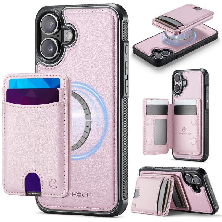 For iPhone 17 JEEHOOD J10 Flip Card Bag MagSafe Split RFID Leather Phone Case(Pink)