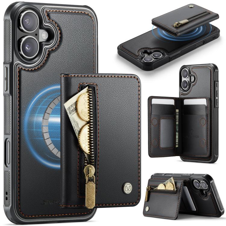 For iPhone 17 JEEHOOD J12 Exquisite RFID MagSafe Zipper Card Bag Phone Case(Black)