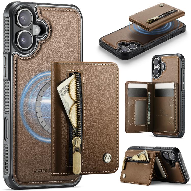 For iPhone 17 JEEHOOD J12 Exquisite RFID MagSafe Zipper Card Bag Phone Case(Brown)