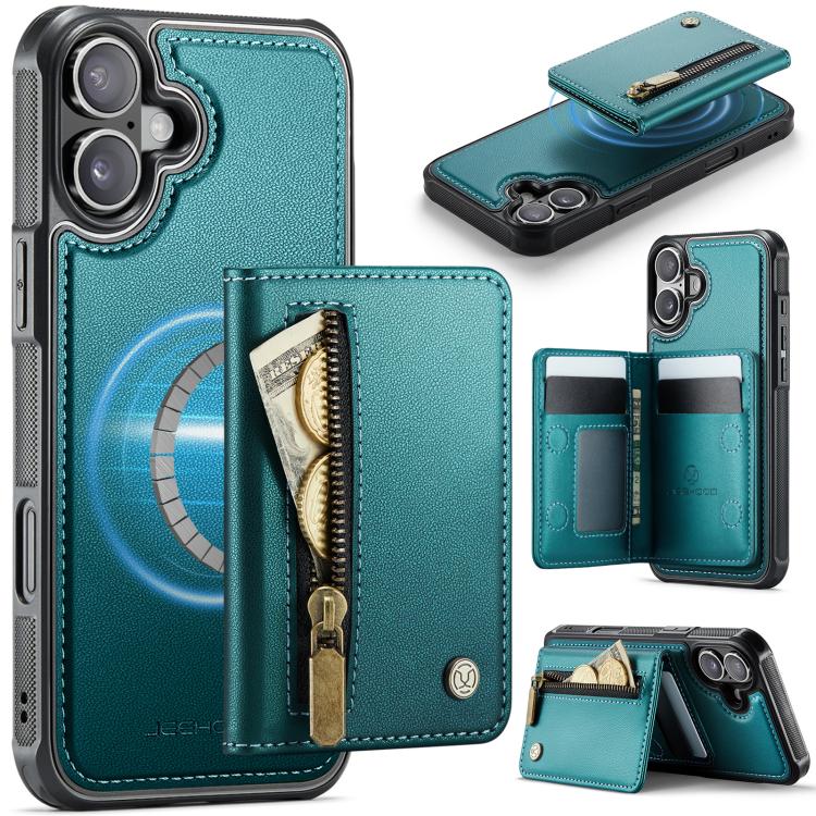 For iPhone 17 JEEHOOD J12 Exquisite RFID MagSafe Zipper Card Bag Phone Case(Green)