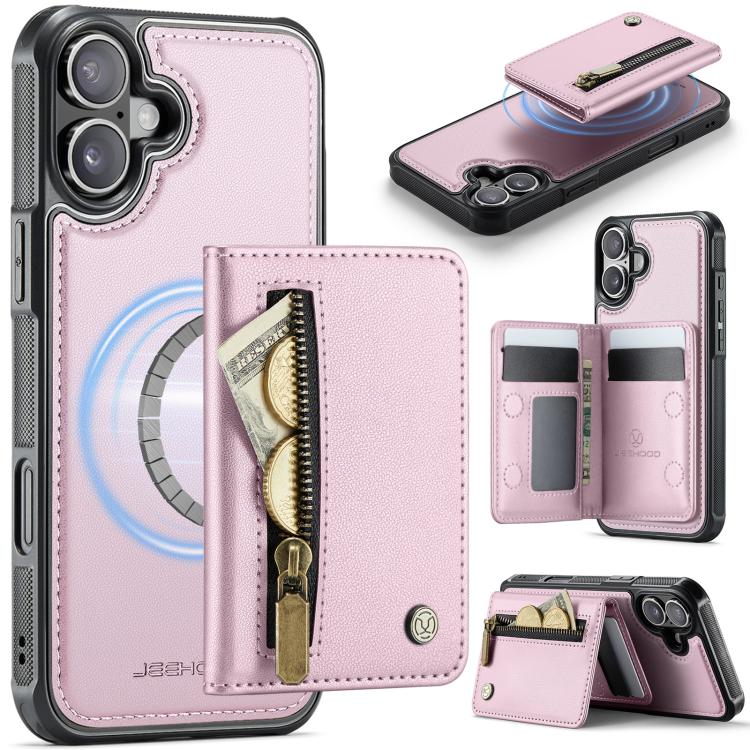 For iPhone 17 JEEHOOD J12 Exquisite RFID MagSafe Zipper Card Bag Phone Case(Pink)