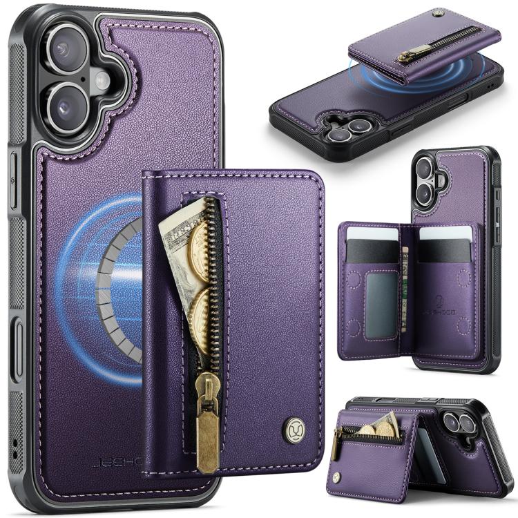 For iPhone 17 JEEHOOD J12 Exquisite RFID MagSafe Zipper Card Bag Phone Case(Purple)