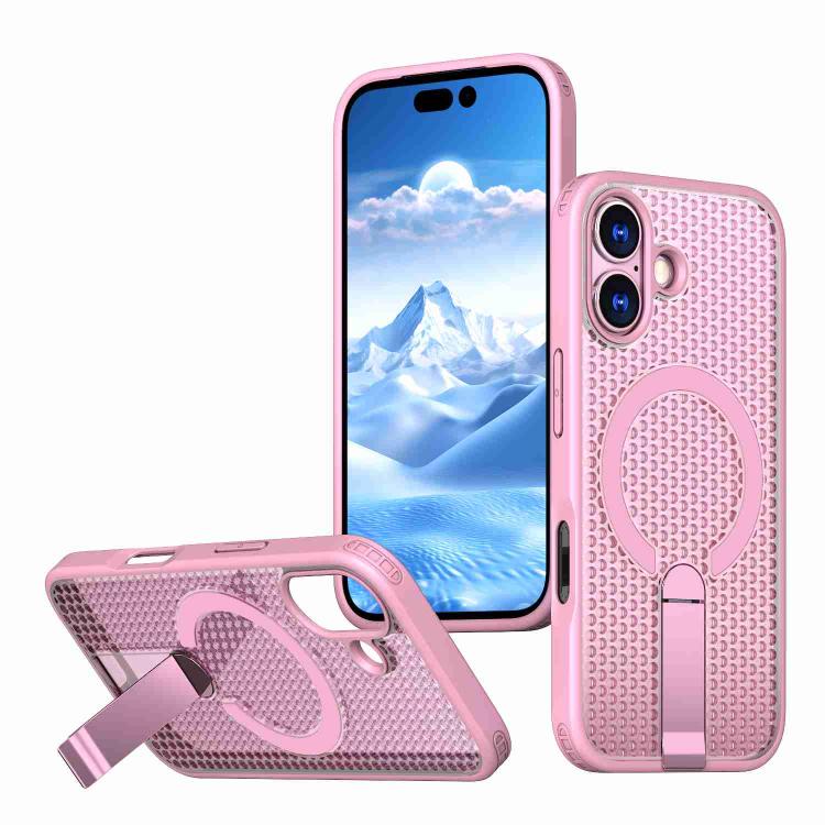 For iPhone 17 kalebol Honeycomb Cooling MagSafe Holder Phone Case(Pink)