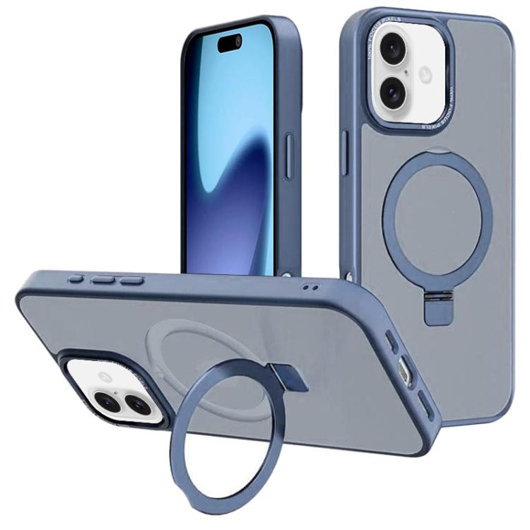 For iPhone 17 Kalebol Metal Lens Frame MagSafe Holder Frosted PC Phone Case(Sierra Blue)