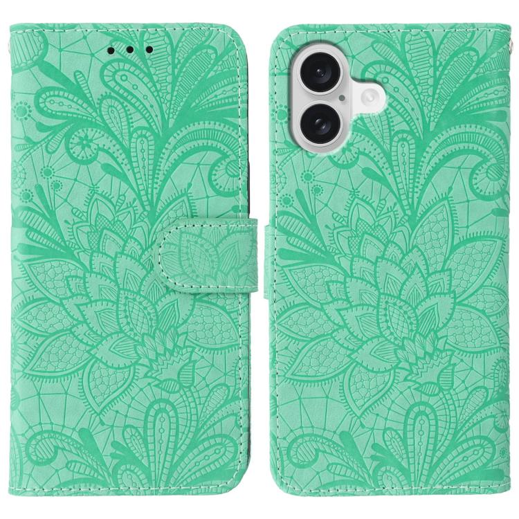 For iPhone 17 Lace Flower Embossing Flip Leather Phone Case(Green)