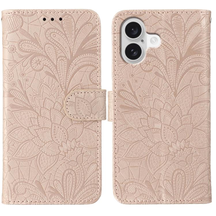 For iPhone 17 Lace Flower Embossing Flip Leather Phone Case(Rose Gold)