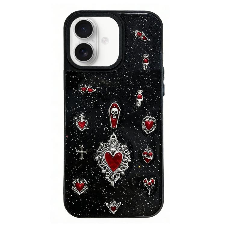 For iPhone 17 Large Hole Camera Frame Dark-themed Heart Design Full Coverage Phone Case(Black)