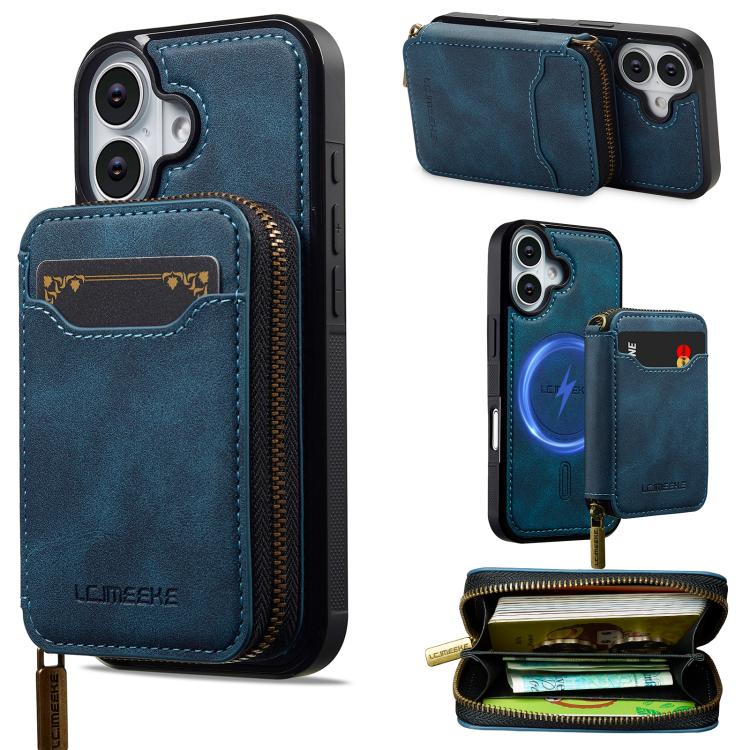 For iPhone 17 LC.IMEEKE L6 Series Zipper Card Bag MagSafe Magnetic Phone Case(Blue)