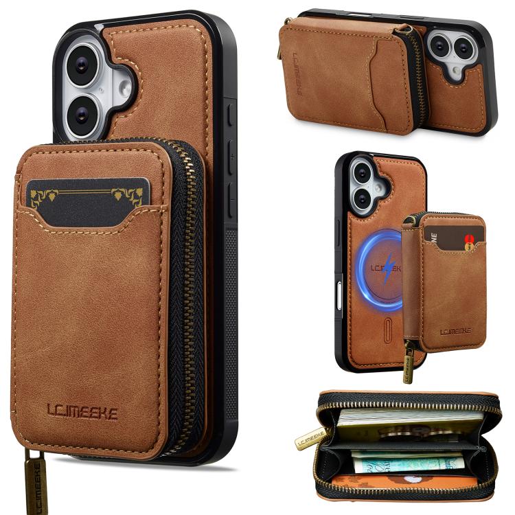 For iPhone 17 LC.IMEEKE L6 Series Zipper Card Bag MagSafe Magnetic Phone Case(Brown)