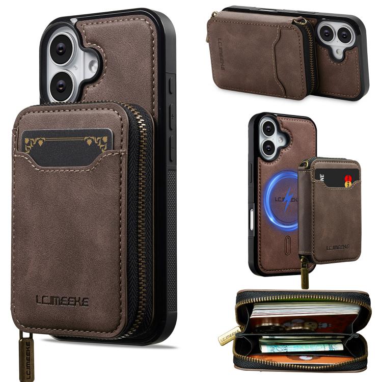For iPhone 17 LC.IMEEKE L6 Series Zipper Card Bag MagSafe Magnetic Phone Case(Coffee)