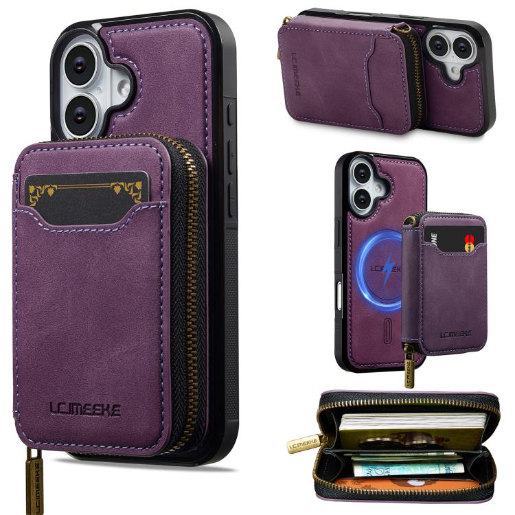 For iPhone 17 LC.IMEEKE L6 Series Zipper Card Bag MagSafe Magnetic Phone Case(Purple)