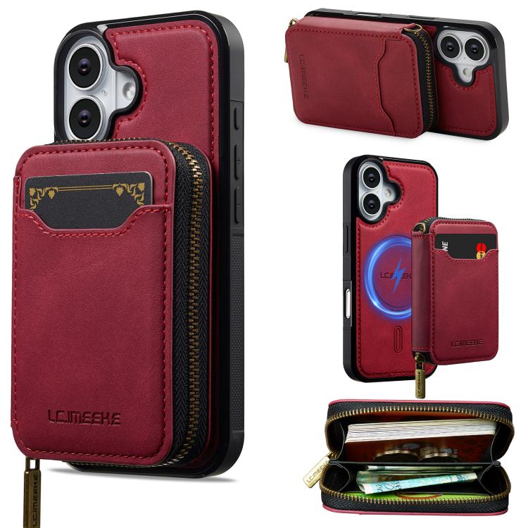 For iPhone 17 LC.IMEEKE L6 Series Zipper Card Bag MagSafe Magnetic Phone Case(Red)