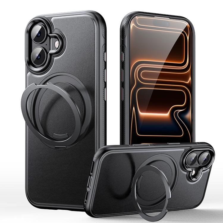 For iPhone 17 Leather Texture 360 Degrees Rotating Magnetic Holder Phone Case(Black)