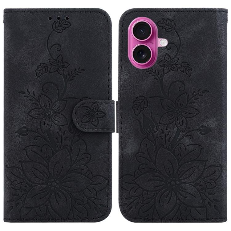 For iPhone 17 Lily Embossed Leather Phone Case(Black)