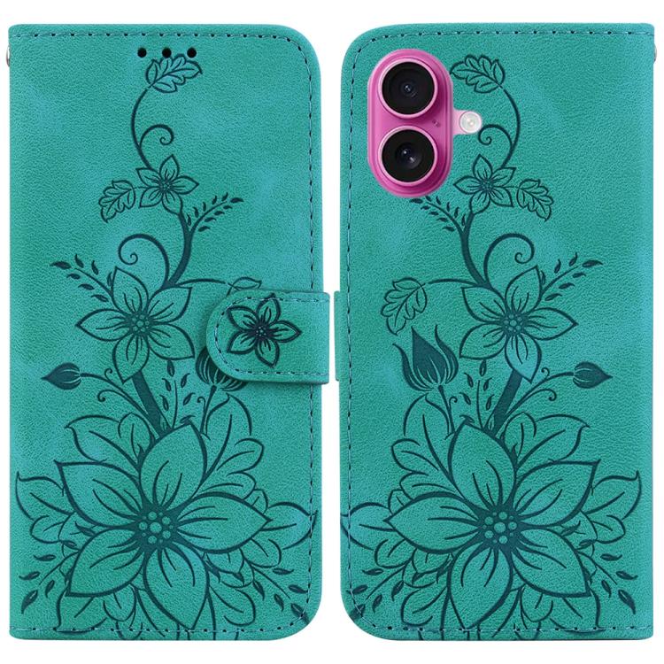 For iPhone 17 Lily Embossed Leather Phone Case(Green)