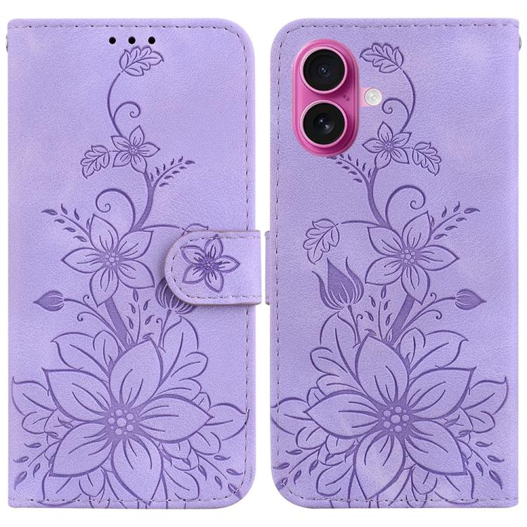 For iPhone 17 Lily Embossed Leather Phone Case(Purple)