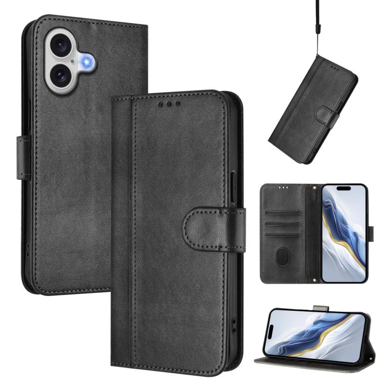 For iPhone 17 Line Splicing Buckle Retro Leather Phone Case(Black)