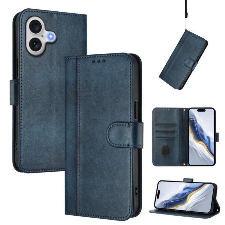 For iPhone 17 Line Splicing Buckle Retro Leather Phone Case(Dark Blue)