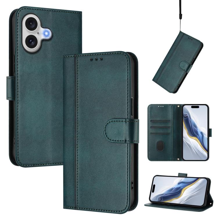 For iPhone 17 Line Splicing Buckle Retro Leather Phone Case(Dark Green)