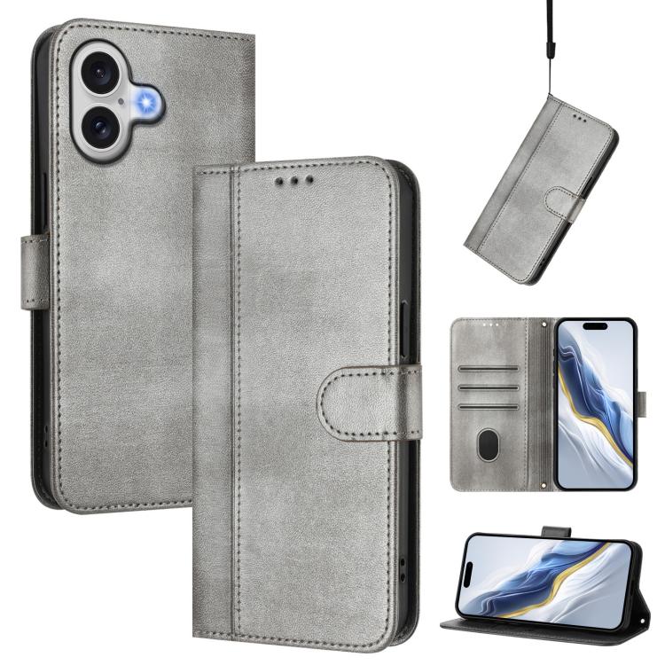 For iPhone 17 Line Splicing Buckle Retro Leather Phone Case(Grey)