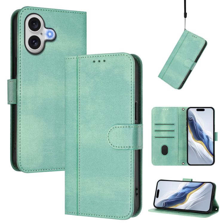 For iPhone 17 Line Splicing Buckle Retro Leather Phone Case(Mint Green)